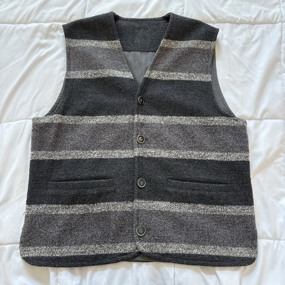 Vintage Mens Wool Blend Button‎ Up Vest Black Gray Striped 90s Y2K Grunge Skater